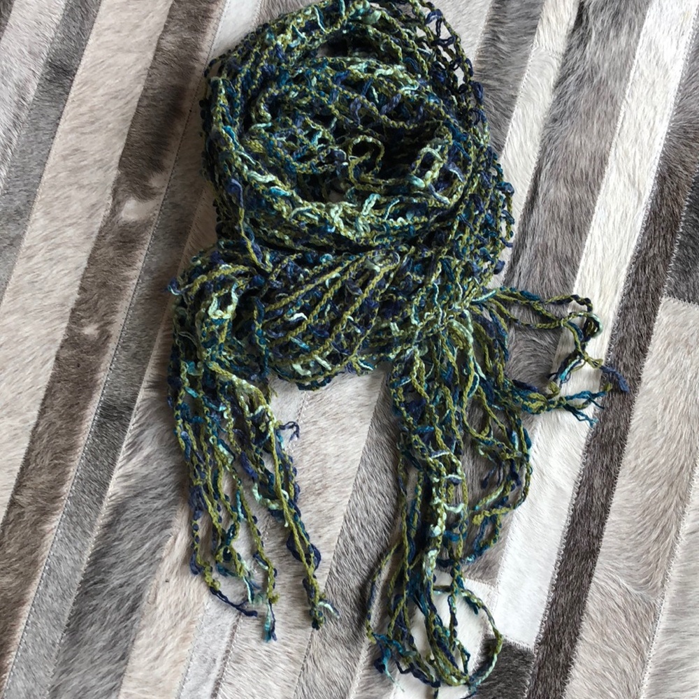 Green/blue open weave oblong scarf with fringe
